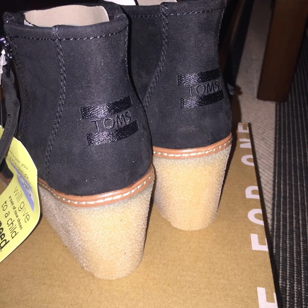 Toms Black Suede Wedge Ankle Boots with Tan Wedge
